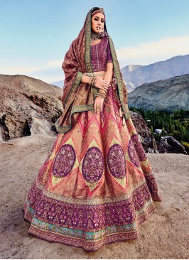 Multi Colour Zari Banarasi Silk Trendy Lehenga Choli