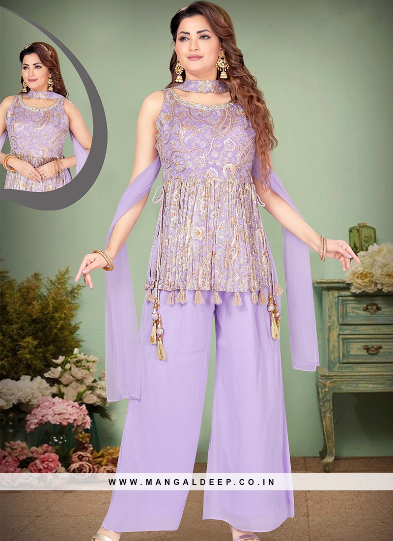 Lavender Georgette Palaazzo Set with sequins work.