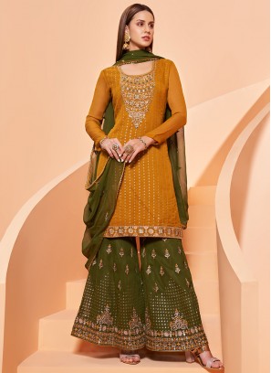 Musatrd Color Georgette Embroidered Sharara Dress