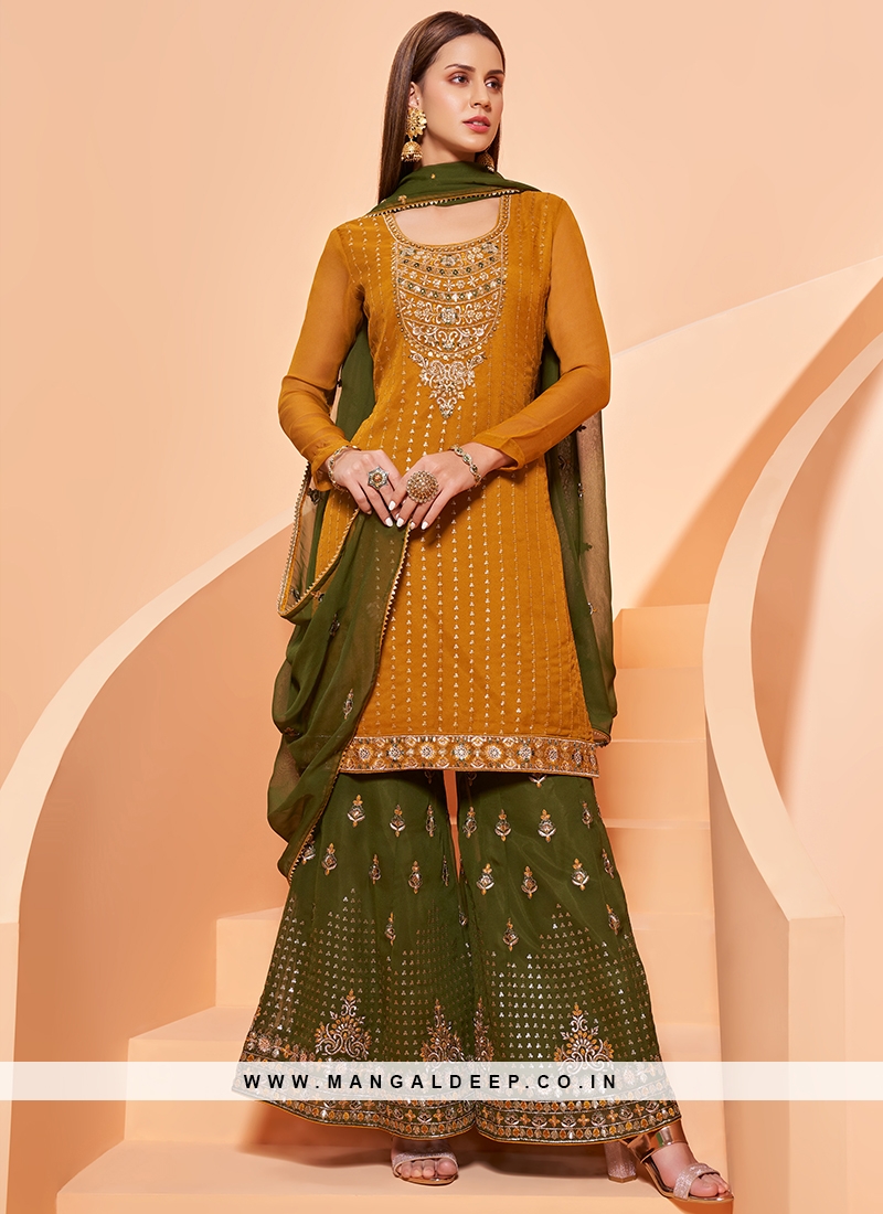 Musatrd Color Georgette Embroidered Sharara Dress