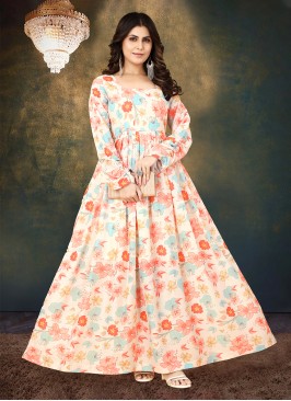 Muslin Digital Print Floor Length Gown in Multi Colour