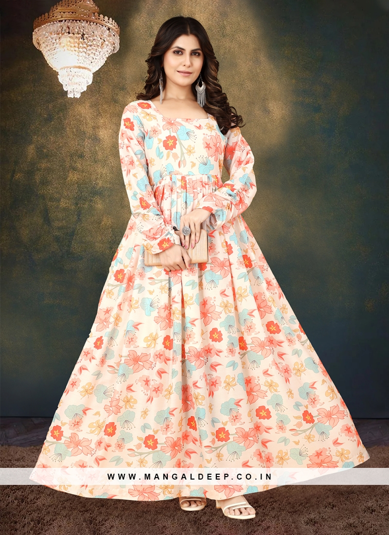 Multi Color Embroidery Work Long Anarkali Style Gown