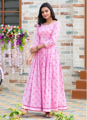 Muslin Digital Print Readymade Gown in Pink