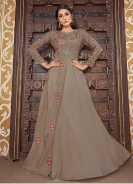 Muslin Embroidered Brown Readymade Gown