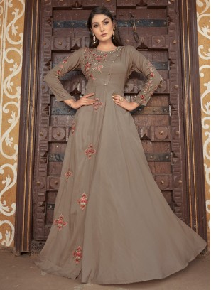 Muslin Embroidered Brown Readymade Gown