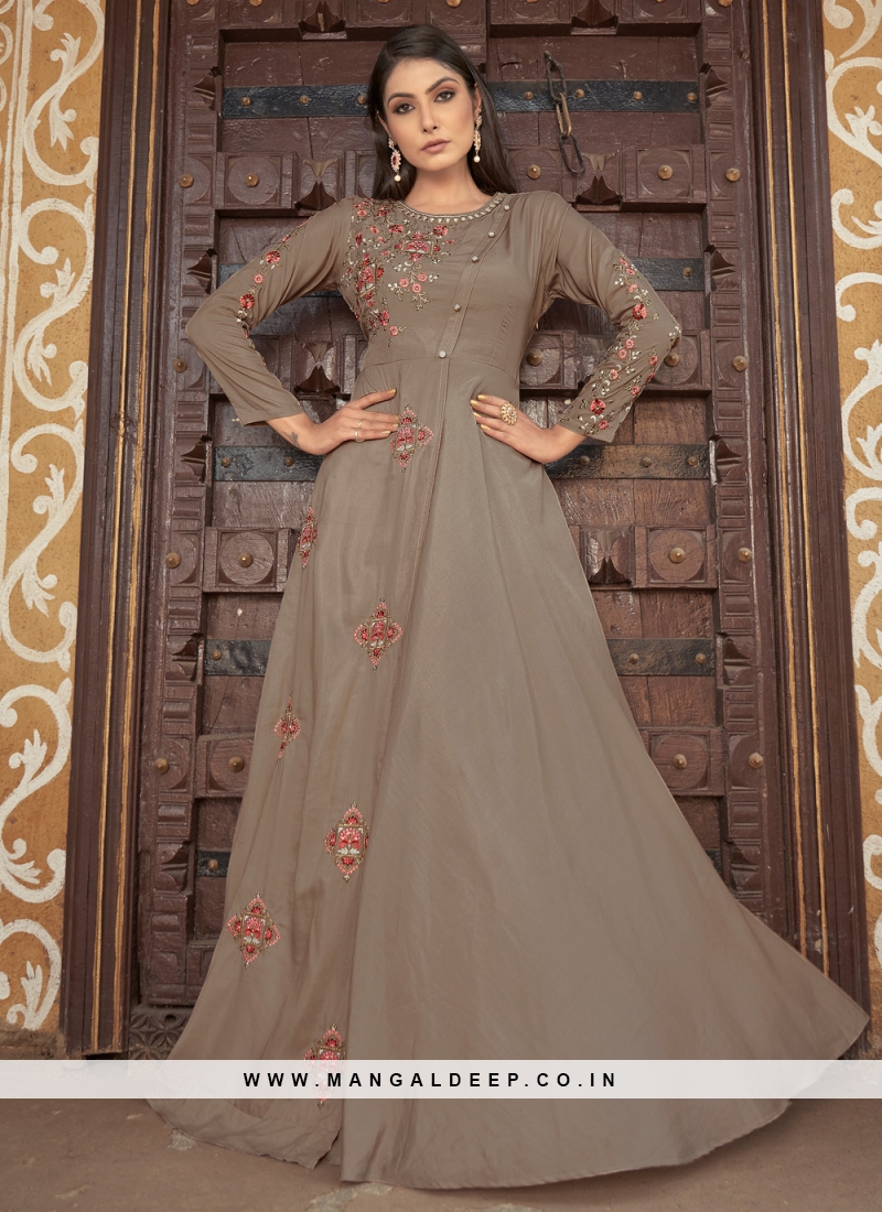 Brown Thread Embroidery Rayon Stiched Readymade Gown - Panjari Store -  4261437