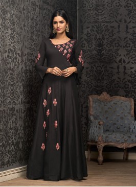 Muslin Embroidered Designer Gown in Black