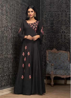 Muslin Embroidered Designer Gown in Black