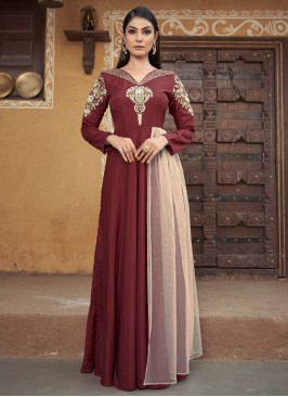 Muslin Embroidered Maroon Designer Gown