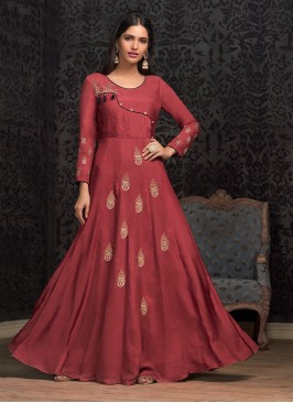 Muslin Embroidered Red Designer Gown