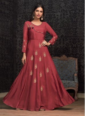 Muslin Embroidered Red Designer Gown