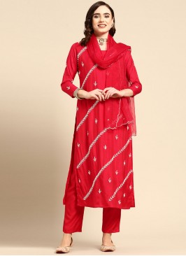 Muslin Embroidered Red Salwar Suit