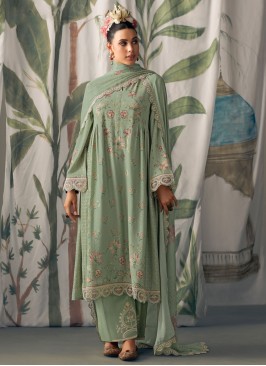Muslin Embroidered Salwar Suit in Green