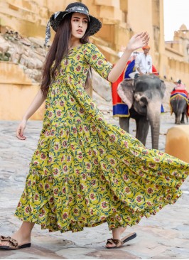 Muslin Multi Colour Printed Readymade Designer Gown