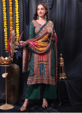 Muslin Palazzo Salwar Suit in Green