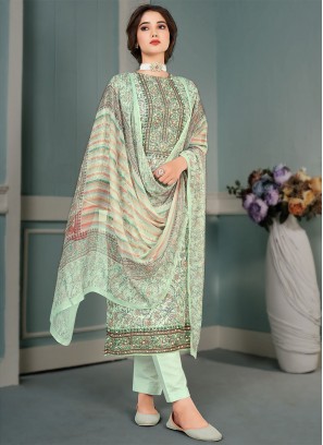 Muslin Sea Green Floral Print Straight Salwar Suit