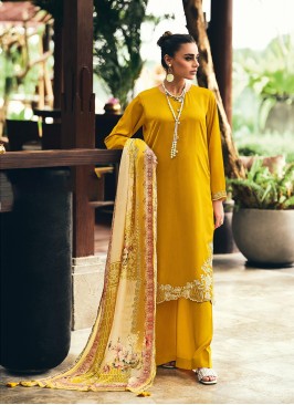 Muslin Yellow Embroidered Salwar Kameez