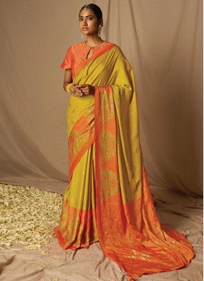 Mustard and Orange Brasso Woven Classic Saree