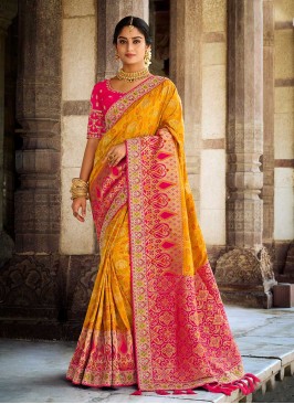 Mustard And Pink Color Silk Saree