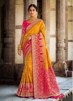 Mustard And Pink Color Silk Saree