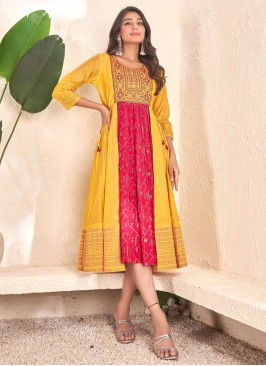 Mustard and Pink Cotton Foil Print Party Wear Kurti