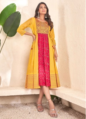 Mustard and Pink Cotton Foil Print Party Wear Kurti
