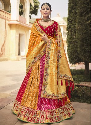 Mustard And Red Color Silk Lehenga Choli