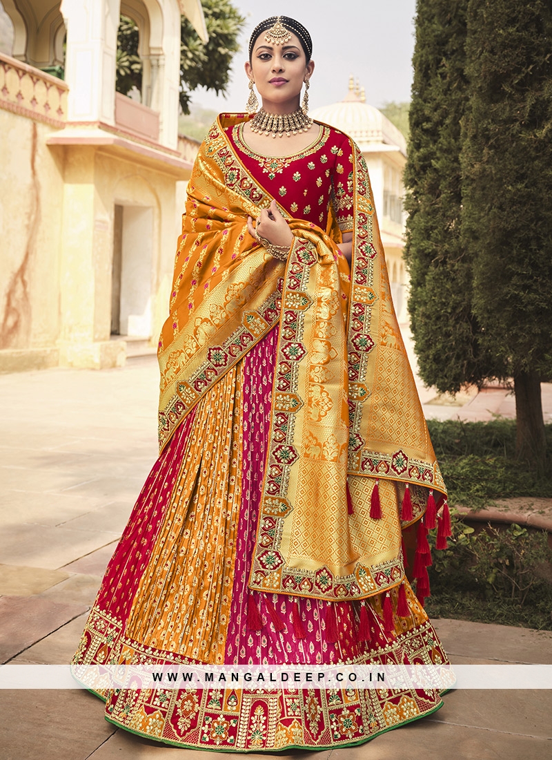 Mustard And Red Color Silk Lehenga Choli