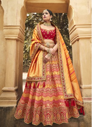 Mustard And Red Color Silk Lehenga Choli