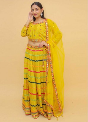 Mustard Chinon Foil Print Readymade Lehenga Choli