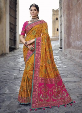 Mustard Color Banarasi Silk Kachchi Work Saree