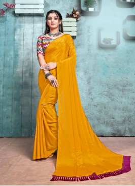 Mustard Color Chiffon Saree With Printed Blouse