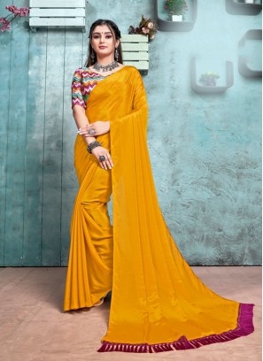 Mustard Color Chiffon Saree With Printed Blouse