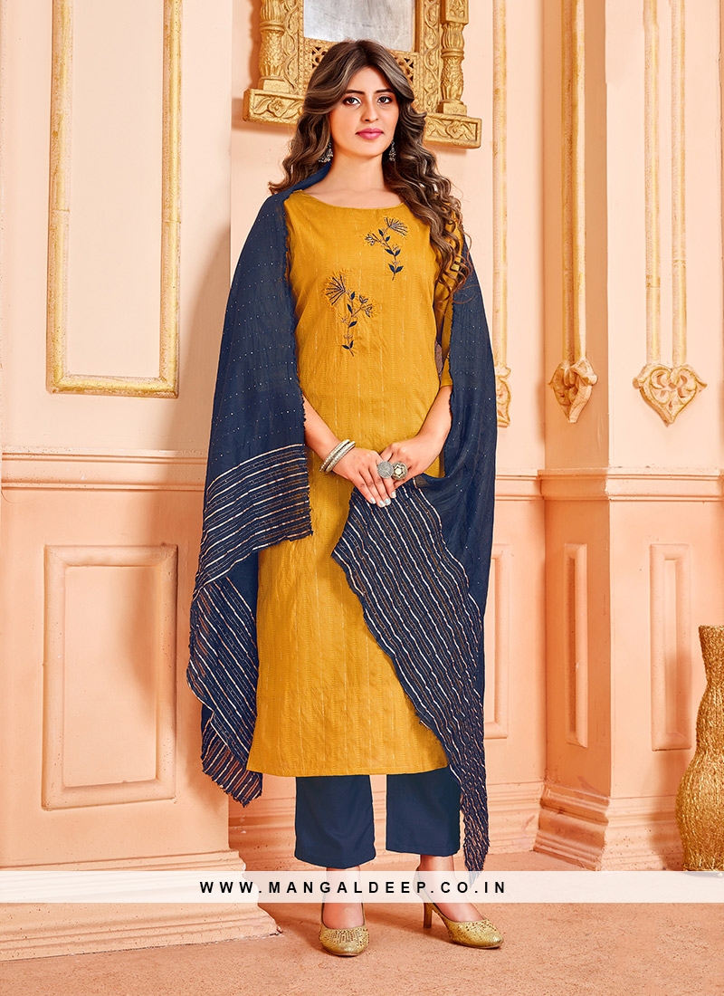 Mustard Color Cotton Hand Work Readymade Suit