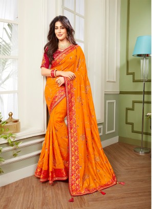 Mustard Color Embroidered Indian Saree