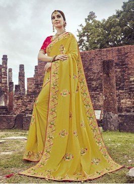 Mustard Color Embroidered Wedding Wear Saree