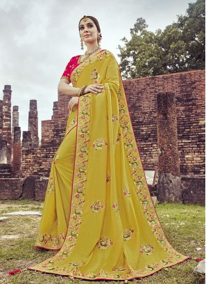 Mustard Color Embroidered Wedding Wear Saree