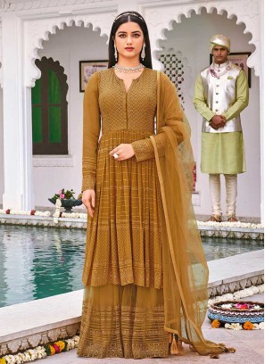 Mustard Color Georgette Embroidered Sharara Suit