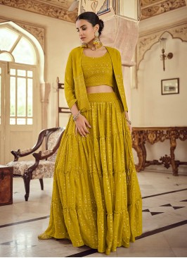 Mustard Color Georgette Thread Work Lehenga With Jacket