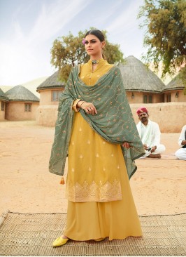 Mustard Color Jacquard Suit With Heavy Work Dupatta