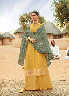 Mustard Color Jacquard Suit With Heavy Work Dupatta
