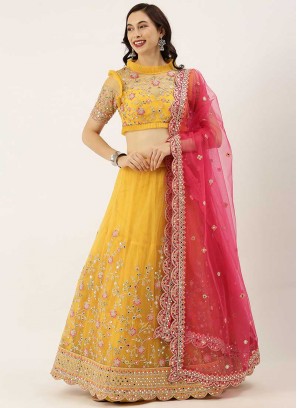 Mustard Color Net Haldi Wear Lehenga