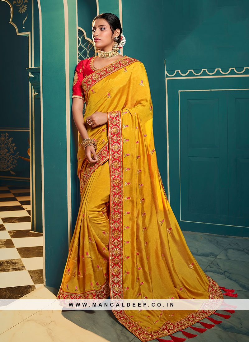 Mustard Color Party Wear Embroidered Saree