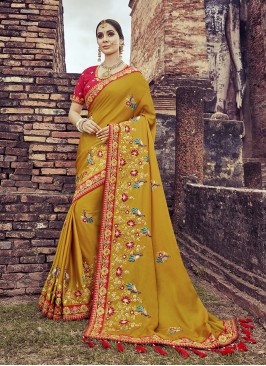 Mustard Color Peacock Embroidered Saree