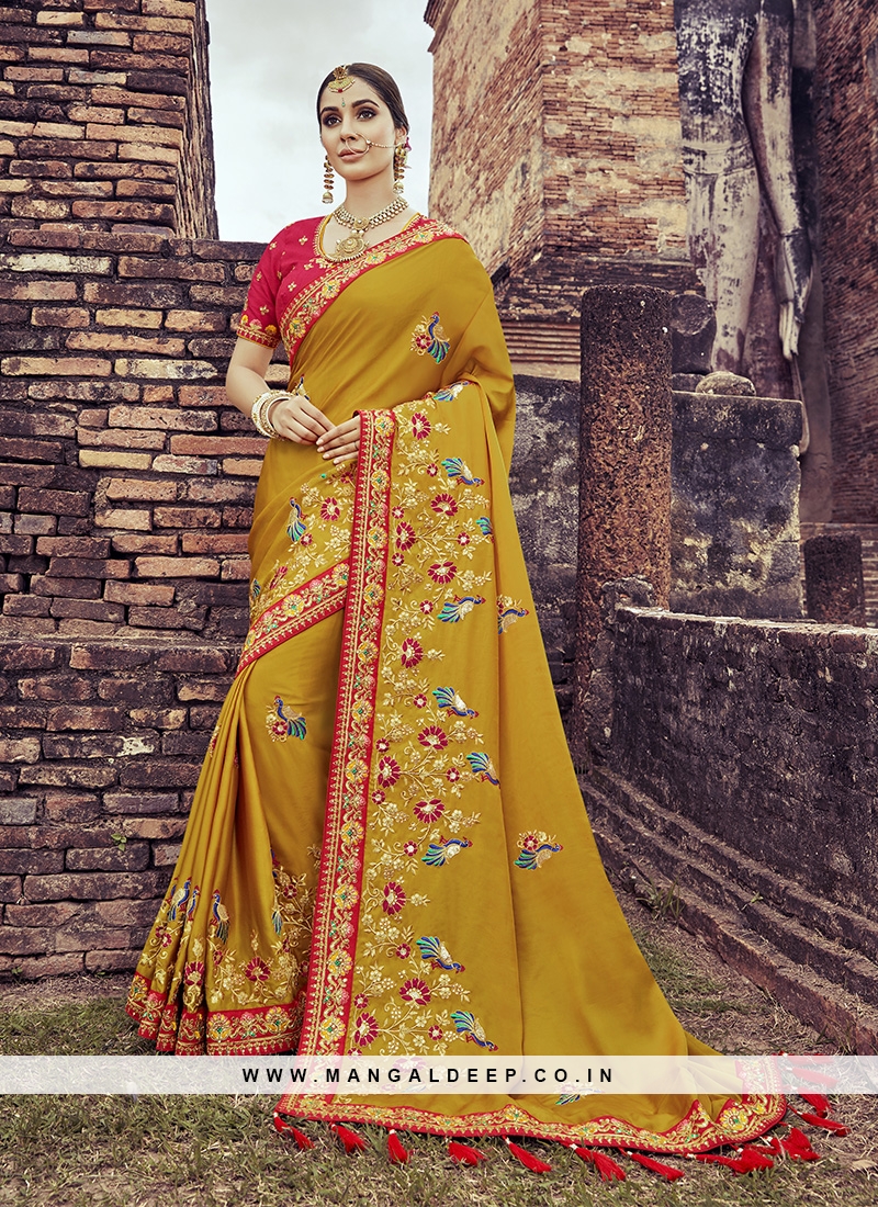 Mustard Color Peacock Embroidered Saree