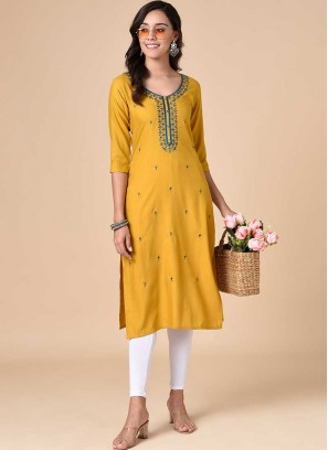 Mustard Color Rayon Embroidered Fancy Kurti