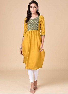 Mustard Color Rayon Embroidered Work Kurti