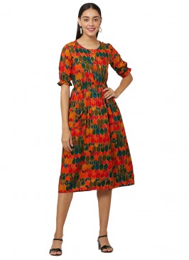 Mustard Color Rayon Printed Casual Wear Kurti