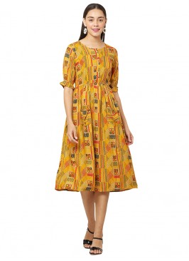 Mustard Color Rayon Printed Casual Wear Kurti