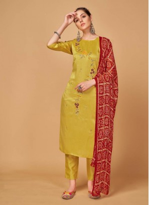 Mustard Color Silk Embroidered Readymade Suit